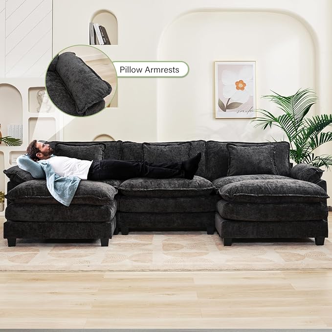 120" Modular Sectional Sofa, Comfy Cloud Couch Sectional Sofa with Ottoman, Chenille Sofa Sleeper Deep Seat Sofa with Throw Pillows for Living Room (Black, 120"- U Shape)