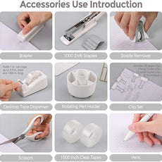 SKYDUE White Office Supplies Set, Office Desk Accessories 10PCS, Pencil Holder for Desk, Stapler, Tape Dispenser, Scissors, Ruler, Binder/Paper Clips and 1000pcs Staples,Desk Supplies Set