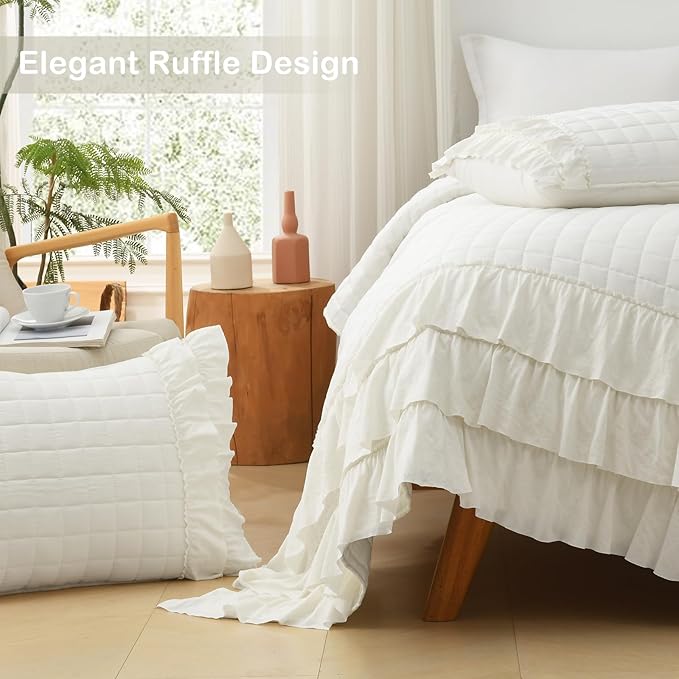 HORIMOTE HOME Ivory Ruffled Quilt Set King Size, Classic Geometric Square Stitched Pattern, Pre-Washed Farmhouse Shabby Chic Microfiber Lightweight Bedding Set Bedspread Coverlet for All Season