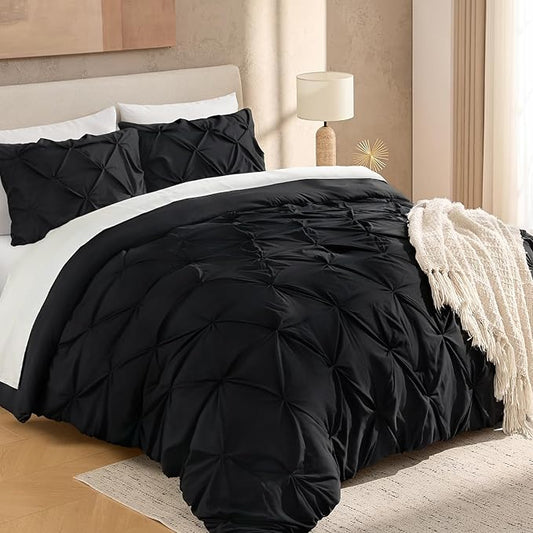 Andency Black King Size Comforter Set, 3 Pieces Boho Lightweight Pinch Pleat Comforter, Pintuck Solid Bedding Set & Collections, All Season Fluffy Microfiber Bed Set(104x90In Comforter)