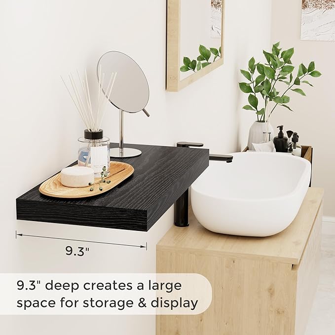 Floating Shelves 16 Inch Long, Wall-Mounted Bathroom Shelves Set of 2, 9.3 Inch Deep Shelf for Home Storage & Display, Wooden Deep Wall Shelves for Bedroom, Living Room, Kitchen, Black Color