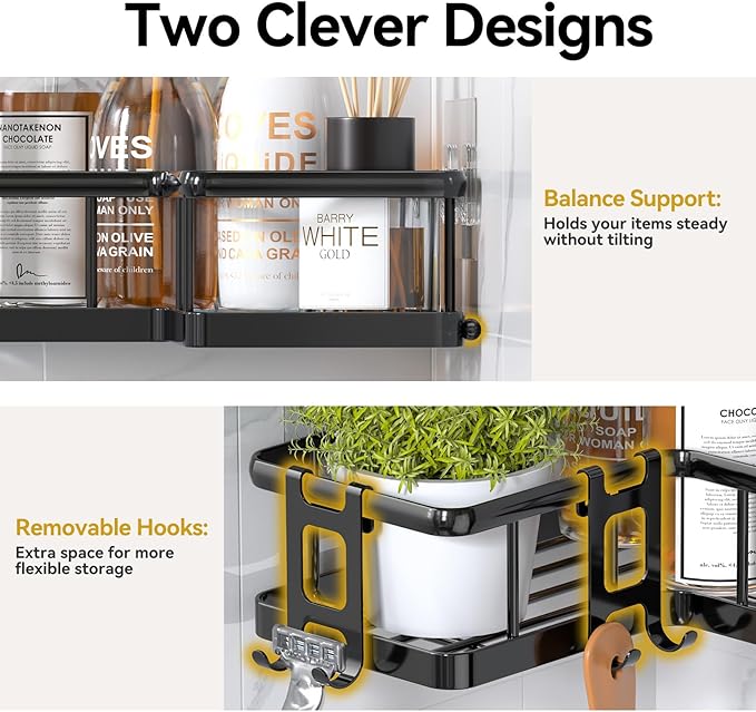 YASONIC Shower Caddy Corner, 3-Pack Adhesive Rustproof Stainless Steel Shower Shelves with Soap Holder, No Drilling Shower Organizer Corner for Dorm, Renters Bathroom, Black