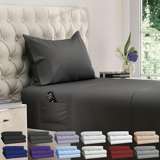 DREAMCARE Twin XL Sheet Sets – 3pcs Cooling Sheets – up to 15” Deep Pocket Twin XL Sheets Set – Hotel Luxury Sheets & Pillowcases – Superior Softness 100% Fine Microfiber with Side Pocket – Gray DREAMCARE