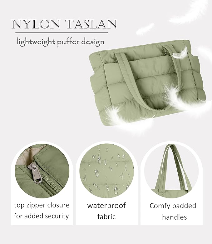 Puffer Tote Bag for Women, Cute Quilted Carryall with Zippered Compartments Shoulder Bag Handbag for Work, Travel, Gym