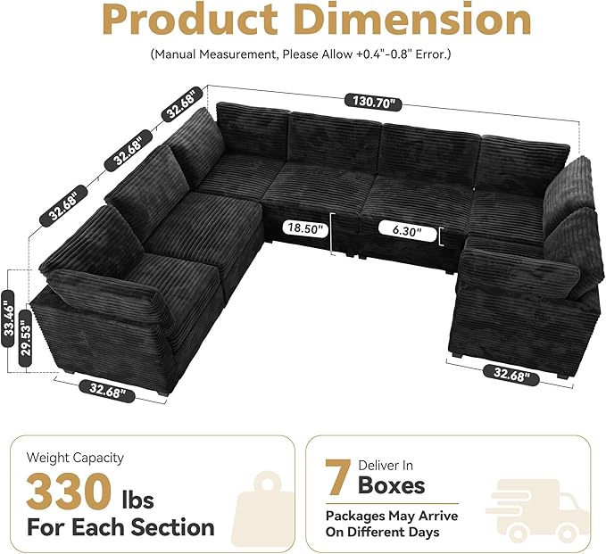 Large 7 Seat Modular Sectional Sofa with Ottoman Seat Corduroy Sleeper Sectional Sofa Bed Oversized Convertible Modular Couch for Living Room