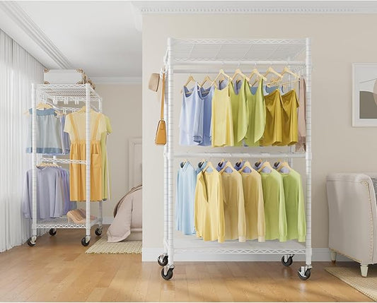 VIPEK R2 Pro Rolling Garment Rack Heavy Duty Clothes Rack with Locking Wheels Adjustable Shelves 2-Sided Hanging Rods Metal Closet Freestanding Clothing Racks, Max load 600lbs, White