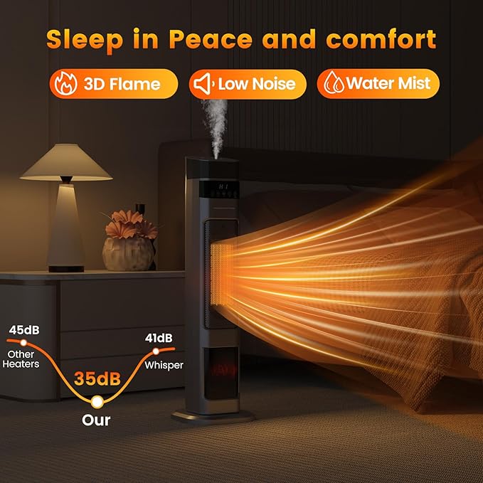 VCJ 31" Space Heaters with Humidifier, 12H Timer Electric Heater for Indoor Use, Remote, 120° Oscillation, Overheat & Tip-Over Protection, Quiet Portable Tower Heater for Bedroom Living Room Garage
