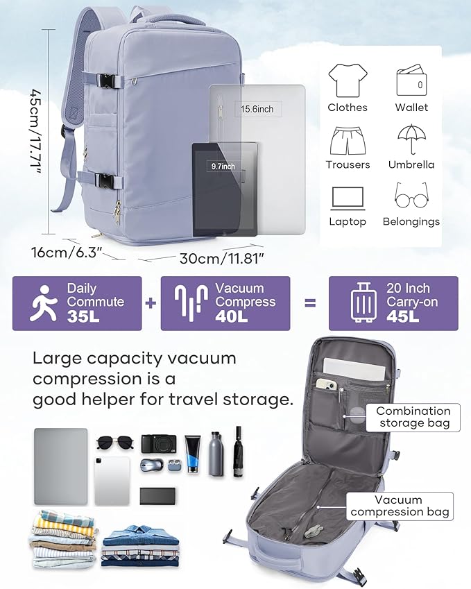 suwasp Vacuum Travel Backpack with Electric Vacpack Pump for Women, 40L Expandable Vacuum Compression Bags Personal Item Backpack Flight Approved Vacuum Seal Backpack for Traveling, Light Purple