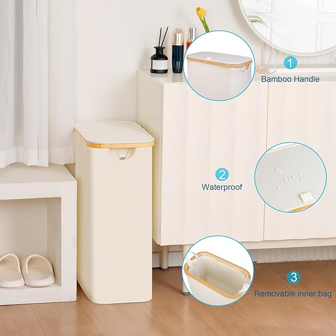 efluky Slim Laundry Basket with Lid, Narrow Laundry Hamper with Removable Bag, Skinny Dirty Clothes Basket with Bamboo Handles for Bathroom, Bedroom & Laundry Room, 65L Beige