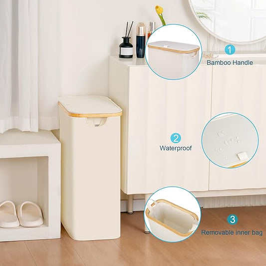 efluky Slim Laundry Basket with Lid, Narrow Laundry Hamper with Removable Bag, Skinny Dirty Clothes Basket with Bamboo Handles for Bathroom, Bedroom & Laundry Room, 65L Beige