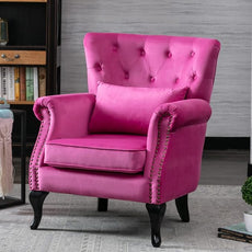 Mid Century Accent Chair Modern Button Tufted Armchair Wingback Club Chair Velvet Single Sofa Lounge Chair with Pillow for Living Room Bedroom, Rose Pink