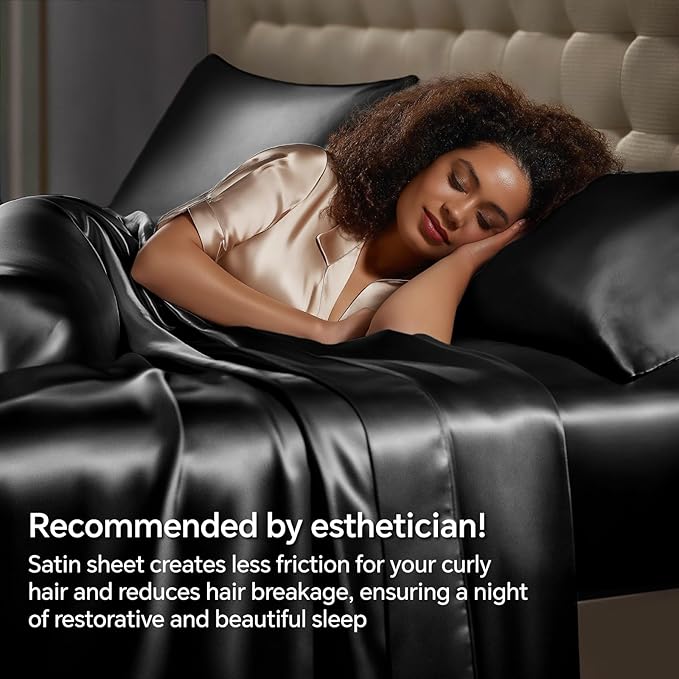 BEDELITE Satin Sheets Queen Size Bed Set, Luxury Soft Black Silky Sheets for Hair and Skin, Similar to Silk Bed Sheets Set 4 Pieces with 1 Deep Pocket Fitted Sheet, 1 Flat Sheet, and 2 Pillowcases