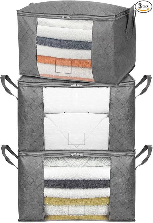 Amazon Basics Foldable Large Zipper Storage Bag Organizer Cubes with Clear Window & Handles, 3-Pack, Gray