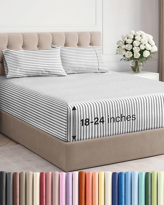 Extra Deep Pocket Queen Sheet Set - 4 Piece Breathable & Cooling Bed Sheets - Hotel Luxury Sheet Set - Ultra Soft, Wrinkle Free & Comfy - Fits Extra Deep Mattresses - Deep Pocket Grey Stripes 2 Sheets