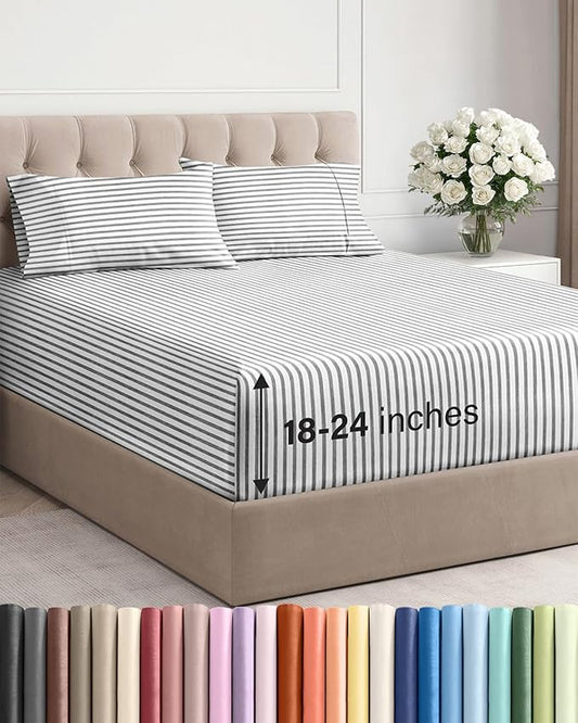 Extra Deep Pocket Cal King Sheets - 4 Piece Breathable & Cooling Bed Sheets - Hotel Luxury Bed Sheet Set - Soft, Wrinkle Free & Comfy - Easily Fits Extra Deep Mattresses - Grey Striped Sheets Set