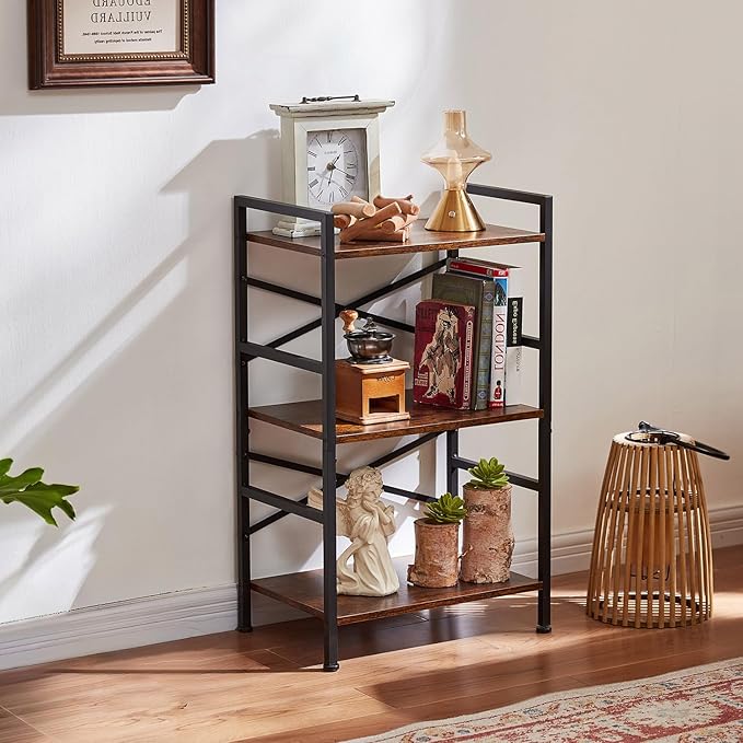 3-Tier Small Bookshelf, Industrial Metal & MDF Bookcase, X-Brace Stable Shelving for Small Spaces, Adjustable Feet, Easy Assembly, 27.6" H x 16.5" W x 11" D (Black)