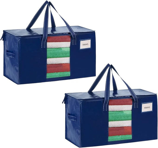 VENO 2 Pack Moving Bags, Christmas Storage Bins, Moving Boxes Alternative, Comforter and Blanket Storage Bags, College Dorm Packing Supplies, Foldable Heavy-Duty Tote with Window (Blue, 2 Pack)