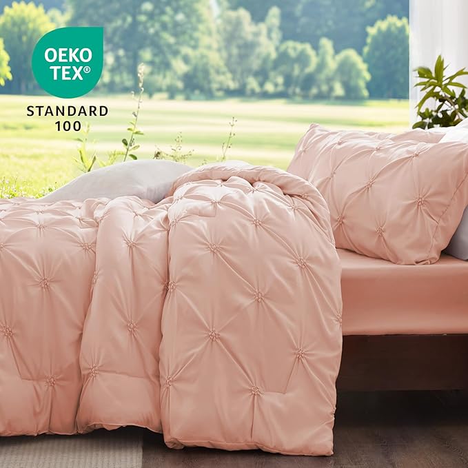 BEDELITE Dusty Pink Twin Comforter Set - 2 Peices Boho Pintuck Bedding Comforter Sets, Lightweight Soft & Warm Twin Bedding Sets with 1 Pillowcase for All Season