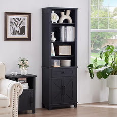 72in Tall Bookshelf 7 Tier Bookcase with Drawer and Barn Doors and Adjustable Shelves, Black Farmhouse Book Shelf with Storage Cabinet, Wood Freestanding Display Bookshelves for Living Room
