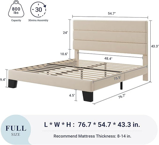 Allewie Full Size Platform Bed Frame with Velvet Upholstered Headboard and Wooden Slats Support, Fully Upholstered Mattress Foundation/No Box Spring Needed/Easy Assembly, Cream