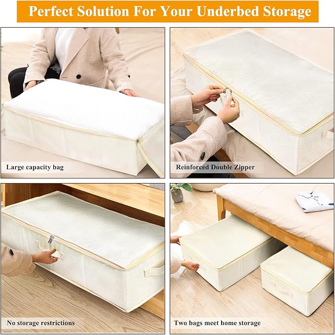 punemi Underbed Storage, 3 Pack Clothing Storage Bags W/Sturdy Handles, Large Capacity Underbed Shoe Container Organizer, Dorm Essentials Bins for Blankets, Pillows, Comforters & Quilts, Beige, 50L