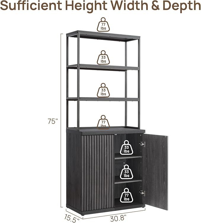 SICOTAS Fluted Book Shelf with Doors - 75" Tall Bookshelf with Storage 6 Tier Large Bookcase with Bottom Cabinet - Modern Metal Book Case for Living Room, Home Office, Bedroom, Kitchen, 3 Pieces