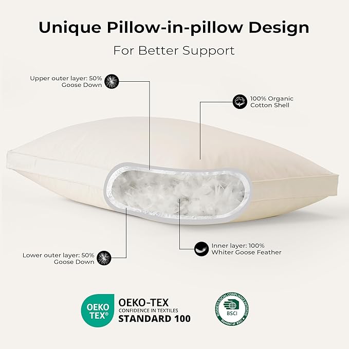 UNIKOME White Goose Down Feather Gusseted Pillows - 100% Organic Cotton Cover - King Size Pillow Set of 2, Made in Japan Pillow for Sleeping