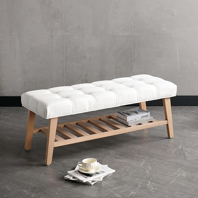 Entryway Shoe Bench Storage Benches with Upholstered Button Tufted Seat and Open Slatted Shelf Linen Shoe Rack for Hallway Living Room Bedroom End of Bed, Beige