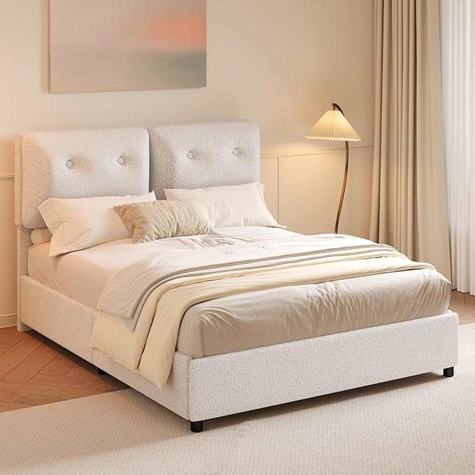 Full Size Bed Frame with Headboard, Cloud Boucle Upholstered Bed Frame, Modern Soft Style, Adjustable Headboard, No Box Spring Needed, Easy Assembly, White