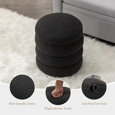 Furniliving Modern Round Ottoman, Soft Bedroom Ottoman Footstool Round Ottomans Stool for Living Room, Bedroom, Makeup Room, Black, Boucle
