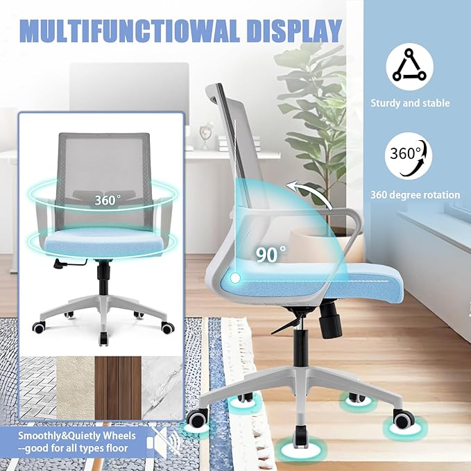 Office Chair ergonomically Designed with Breathable mesh backrest and Lumbar Support Adjustable Height Suitable for Offices Homes bedrooms Study Rooms (Blue)