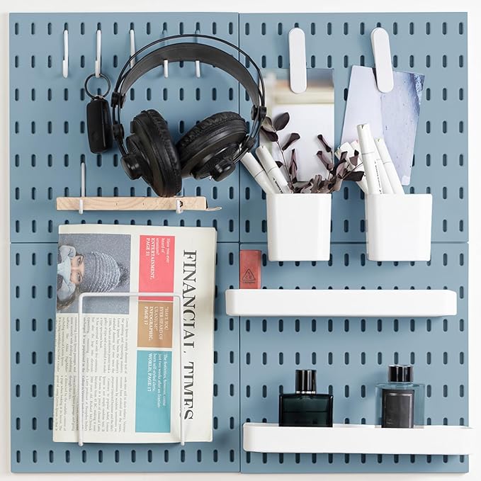 Pegboard Combination Kit, Wall Mounted Storage Set with 4 Pegboards & 14 Accessories Hanging, Blue Peg Boards Organizer for Walls Display, Crafts Organization, Kitchen Organizer, 22" x 22"