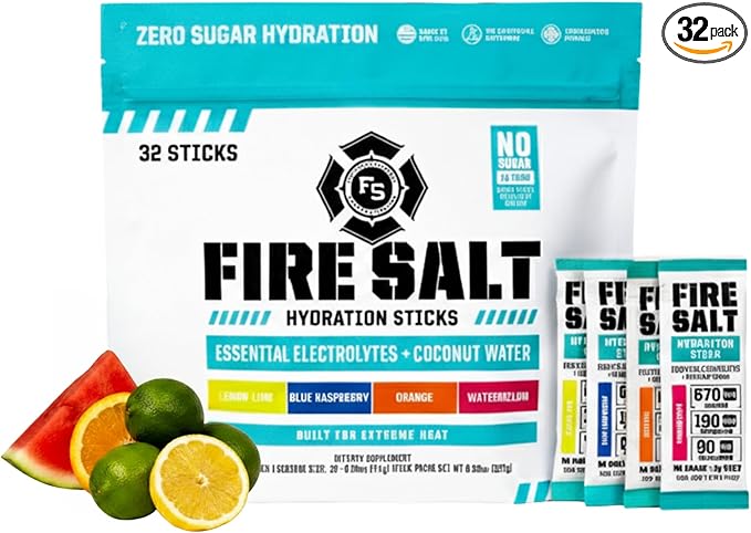 Fire Science Fire Salt Hydration Sticks, Electrolytes & Coconut Water, Hydration Drink Mix with Magnesium, Potassium & Sodium, Zero Sugar, Single Serve On The Go Packs, Variety Pack Flavors, 32 Count