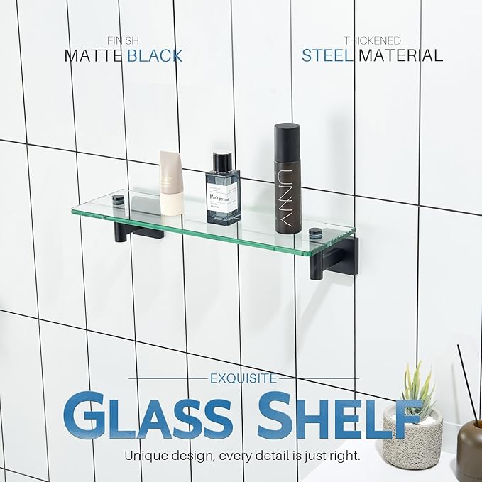 KOKOSIRI Bathroom Shelves Glass Floating Shelf 16-Inch for Bedroom Living Room Kitchen Hanging Rack Rustproof Wall Mounted Black 2 Pack B1105BK-L16-P2