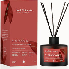 Soul & Scents Reed Diffuser Set – Mahogany | 7.43 oz Refillable Scented Oil with 6 Fiber Sticks | Long-Lasting Home Fragrance & Air Freshener for Bedroom, Bathroom, Office | Gift & Décor Piece