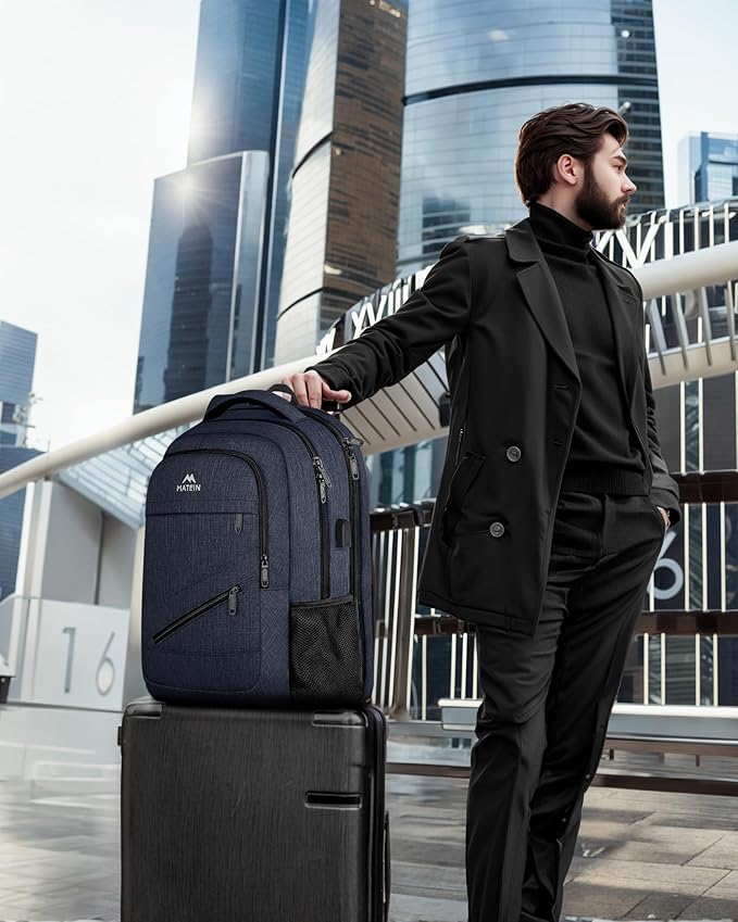 MATEIN 17 Inch Laptop Backpack, Large Work Backpack Travel Carry On TSA Approved with Trolley Sleeve, College Computer Bag with USB Charging Port, Water Resistant Commute Daypack for Men, Dark Blue