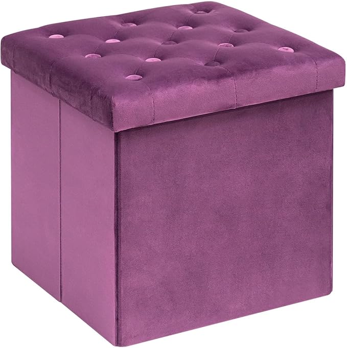 B FSOBEIIALEO Storage Ottoman Cube Velvet Tufted Folding Ottomans with Lid, Footstool Rest Padded Seat for Bedroom (Purple, Medium)