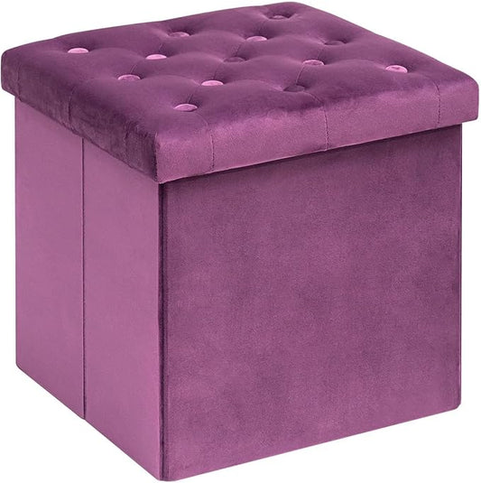 B FSOBEIIALEO Storage Ottoman Cube Velvet Tufted Folding Ottomans with Lid, Footstool Rest Padded Seat for Bedroom (Purple, Medium)