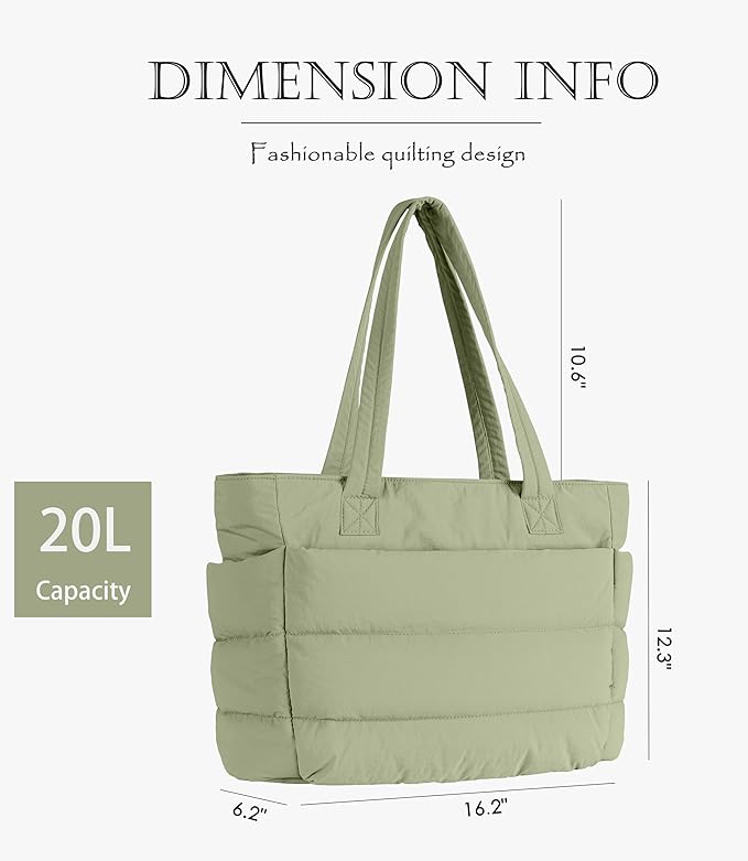 Puffer Tote Bag for Women, Cute Quilted Carryall with Zippered Compartments Shoulder Bag Handbag for Work, Travel, Gym