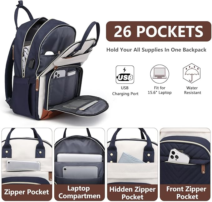 Laptop Backpack for Women, Fits 15.6 Inch Laptop Bag, Fashion Travel Work Backpack Anti-theft Bag with USB Charging, Business Computer Waterproof Backpack Purse, Beige Blue Brown