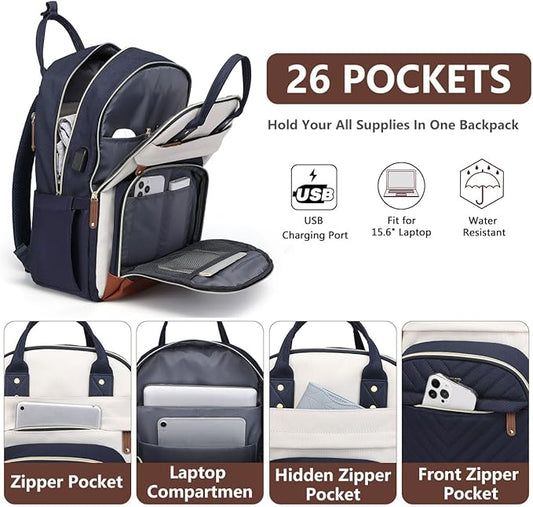 Laptop Backpack for Women, Fits 15.6 Inch Laptop Bag, Fashion Travel Work Backpack Anti-theft Bag with USB Charging, Business Computer Waterproof Backpack Purse, Beige Blue Brown