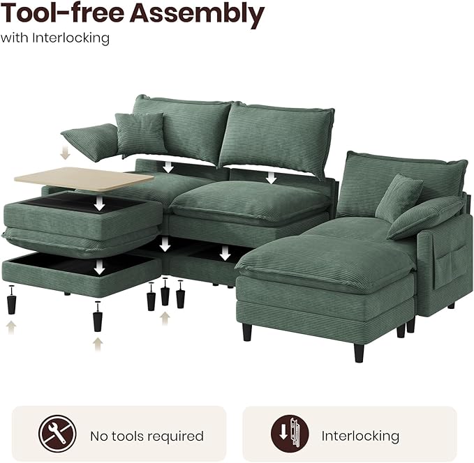 108" U Shaped Modular Sectional Cloud Couch with Two Ottoman, Snap-on Easy Installation 5-Piece Deep Seat Sofas with Storage Bag and Coffee Table for Living Room, Corduroy, Green