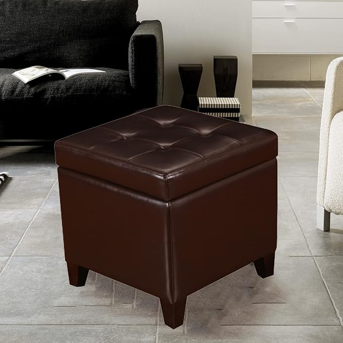 Tufted Leather Square Storage Ottoman, Lift Top Cube Footstool with Hinged Lid Footrest with Wood Legs (Brown)