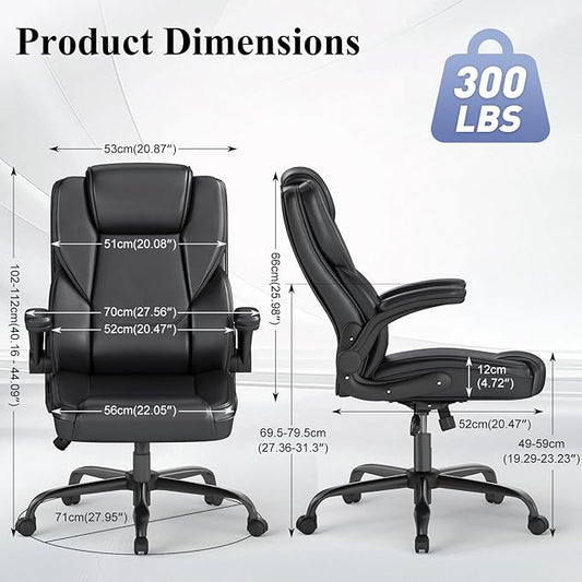 ZZH Ergonomic Executive Office Chair, Mid Back PU Leather Computer Desk Chair with Flip-Up Armrests, Lumbar Support, Adjustable Height and Rocking Function, 1PC, Black