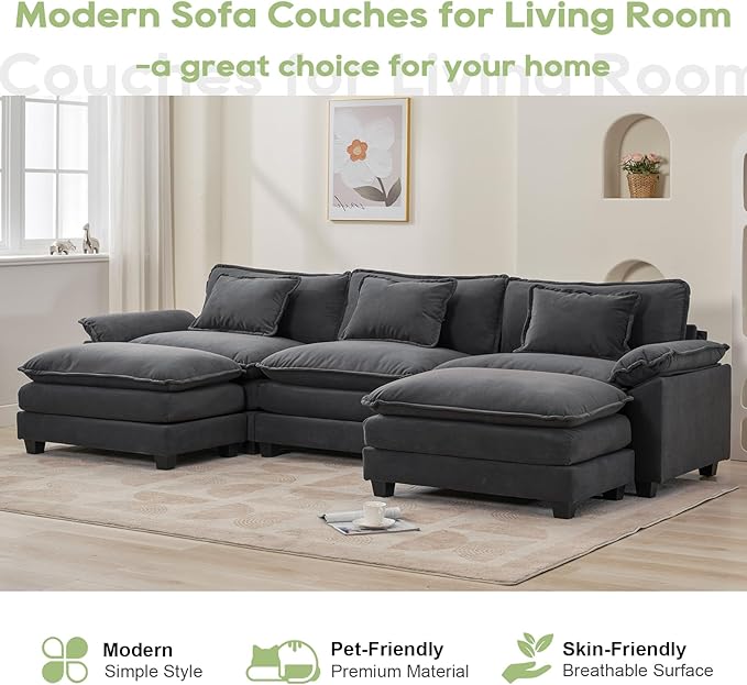 120" Modular Sectional Sofa, Comfy Cloud Couch Sectional Sofa with Ottoman, Chenille Sofa Sleeper Deep Seat Sofa with Throw Pillows for Living Room (Blue Gray, 120"- U Shape)