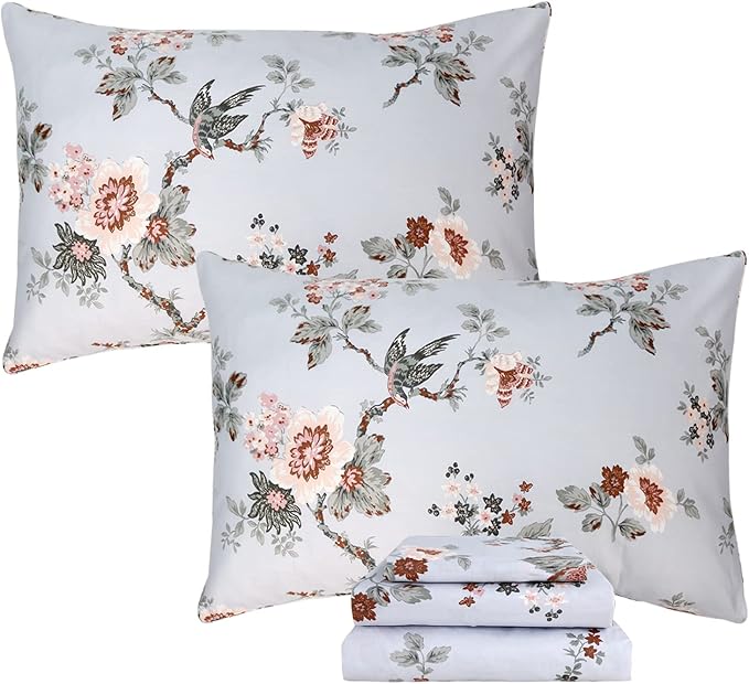 Fadfay Sheets Set - Twin XL Elegant Floral Bedding Shabby Grey Bird Print College Dorm Room Vintage Farmhouse Bed Sheet Set, 100% Cotton, Deep Pocket Fitted Sheet - 4pcs