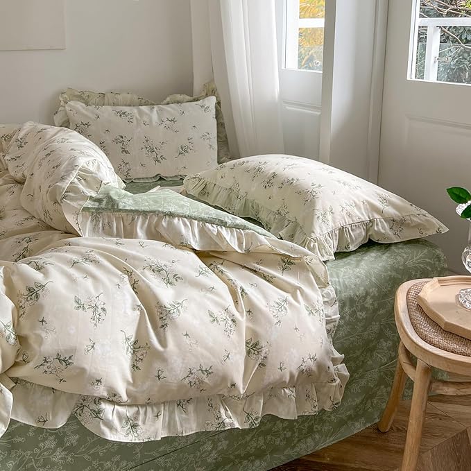 mixinni Reversible Green Floral Duvet Cover Set Twin XL Size - 100% Cotton Botanical Bedding Set with Ruffle Lace, 3PCs Beige Soft Aesthetic Cottagecore Style Duvet Cover for Girls
