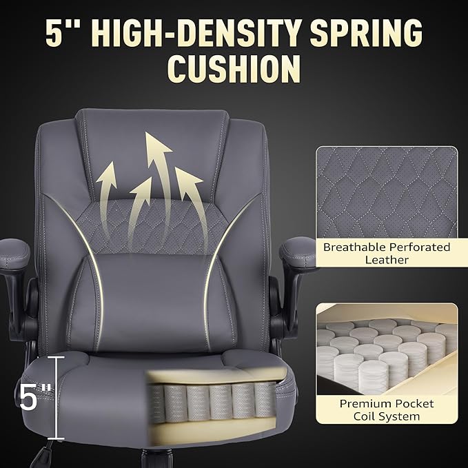 Home Leather Office Chair with Lumbar Support, 5" Padded Seat, Small PU Leather Rocking Desk Chair, Comfy Computer Chairs with Rolling Wheels & Adjustable Arms for Adults, Grey