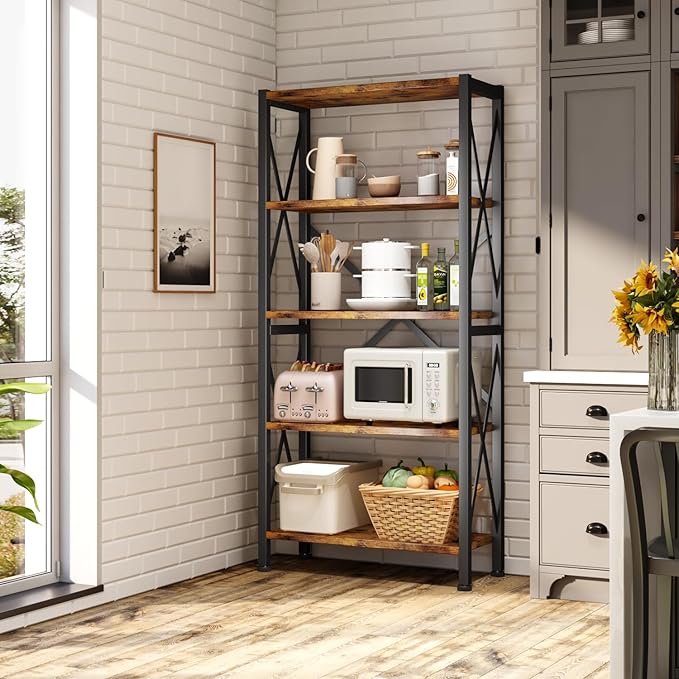 Homeiju 5-Tier Bookshelf,Wood Bookcase,Book Shelf with Steel Frame, Storage Rack with Open Shelves, Rustic Standing Bookshelves Ladder Shelf 110lbs/shelf for Bedroom,Living Room and Home Office