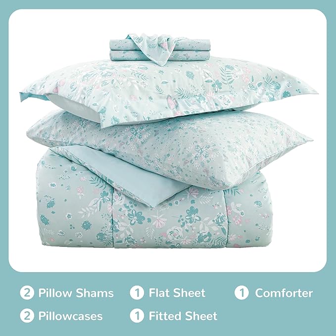 Viviland Kids Full Bedding Sets for Girls, Soft Full Comforter Set with Sheets, 7 Pieces Microfiber Bed in a Bag, Green Butterfly